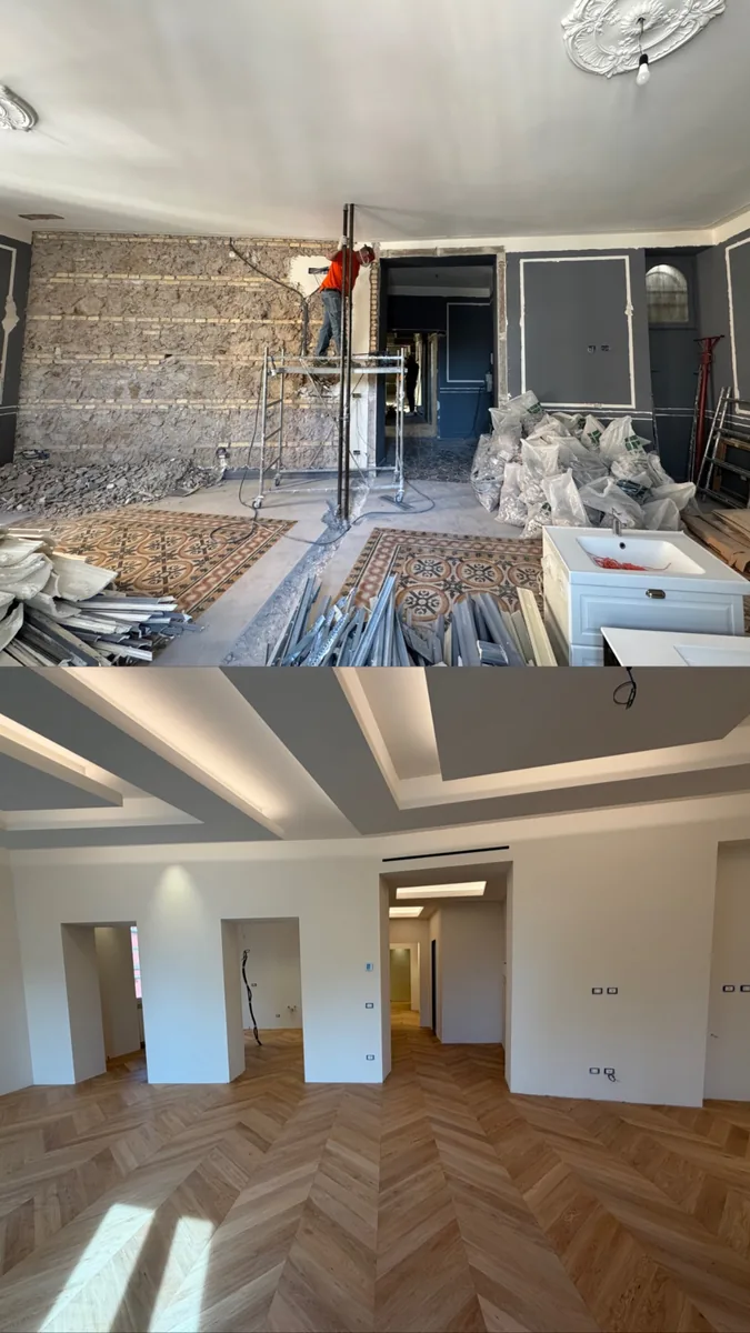 Collage prima e dopo della trasformazione dell'ambiente
