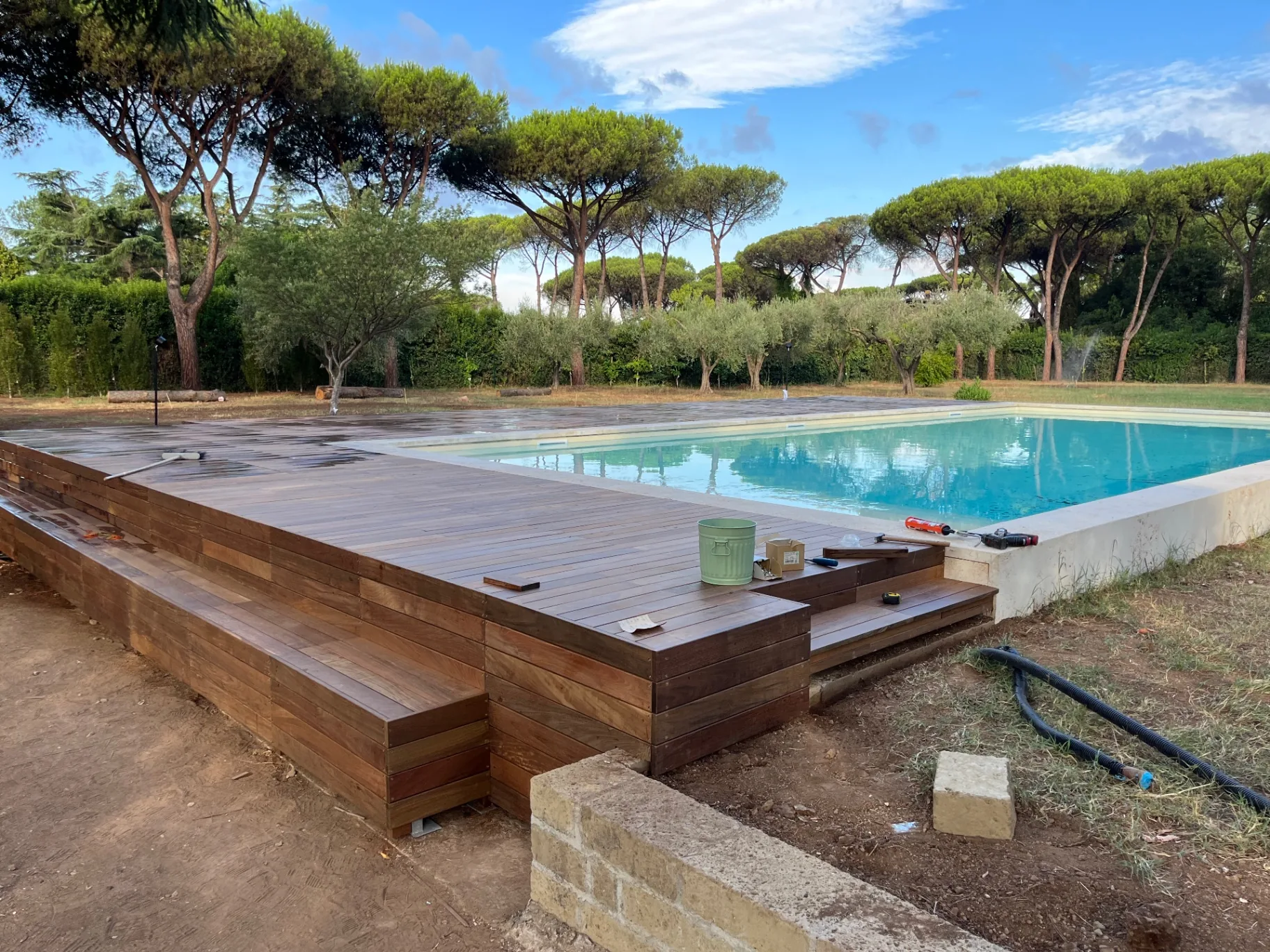 Area piscina con deck in legno e pineta sullo sfondo