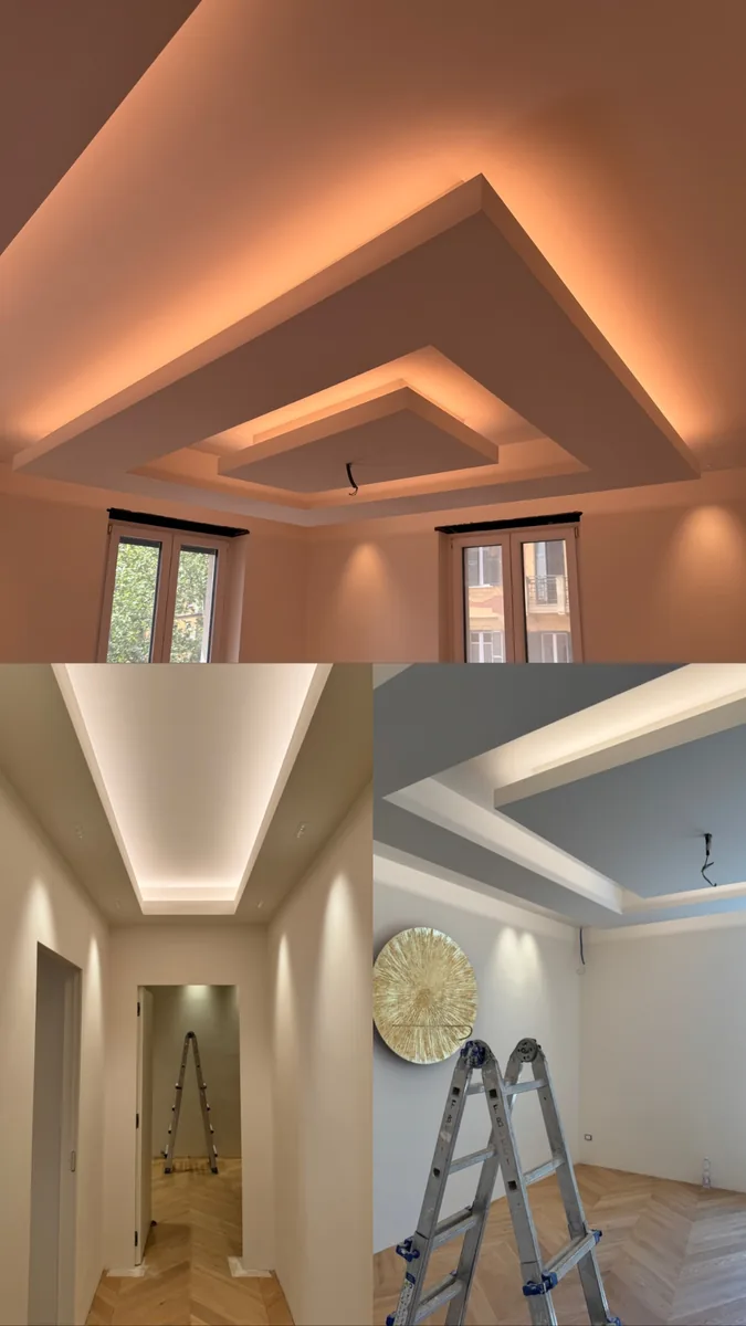 Collage delle geometrie dei controsoffitti e delle soluzioni di illuminazione